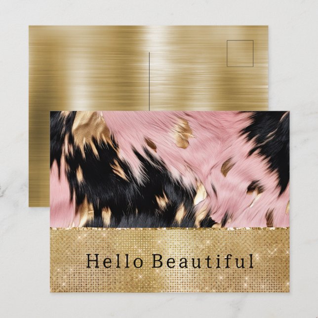 Glam Gold Sparkle Pink Black Cowhide Postcard (Front/Back)