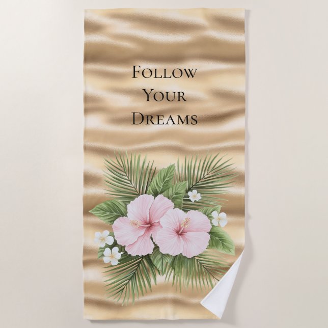 Glam Gold Tropical Blue Pink Hibiscus Floral   Beach Towel (Front)