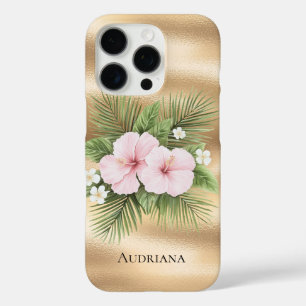 Glam Gold Tropical Blue Pink Hibiscus Floral iPhone 16 Pro Case