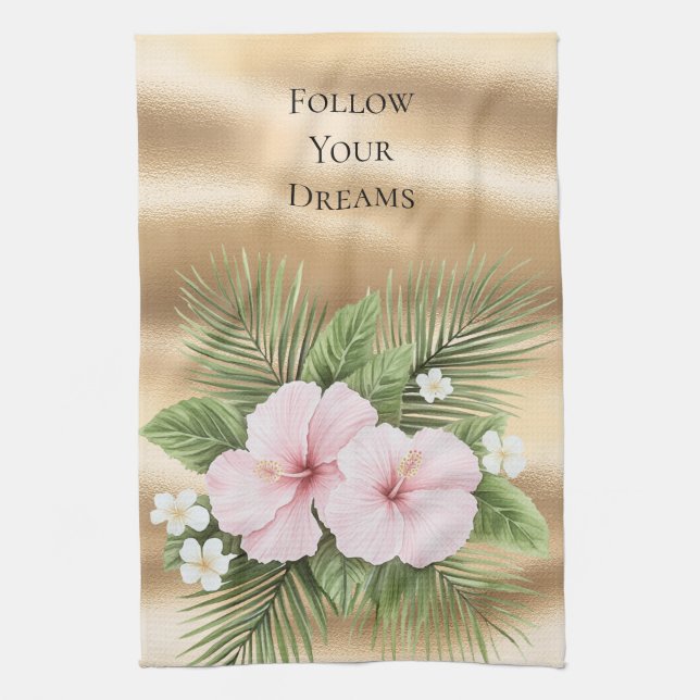 Glam Gold Tropical Blue Pink Hibiscus Floral   Kitchen Towel (Vertical)