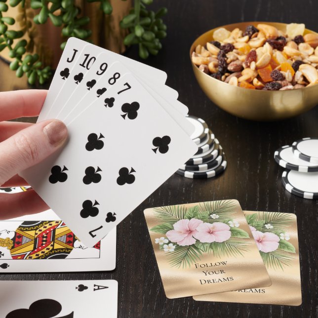 Glam Gold Tropical Blue Pink Hibiscus Floral   Poker Cards (In Situ)