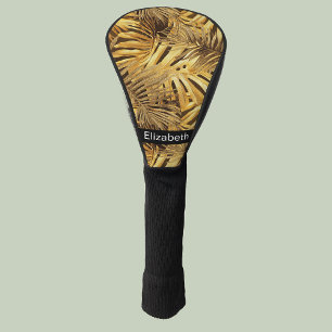 Glam Gold Tropical Leaves Personalized Golf Head Cover
