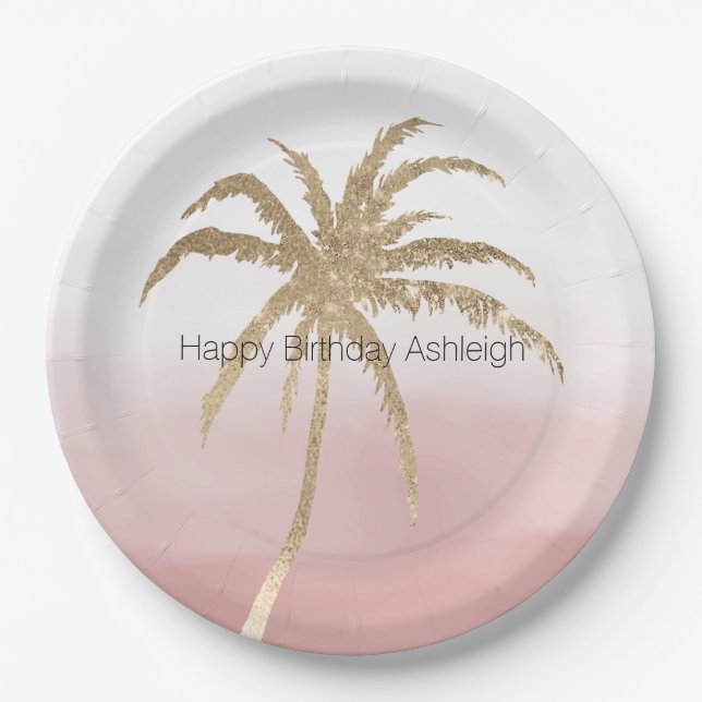  Glam Gold Tropical Palm Pink ombre        Paper Plates (Front)