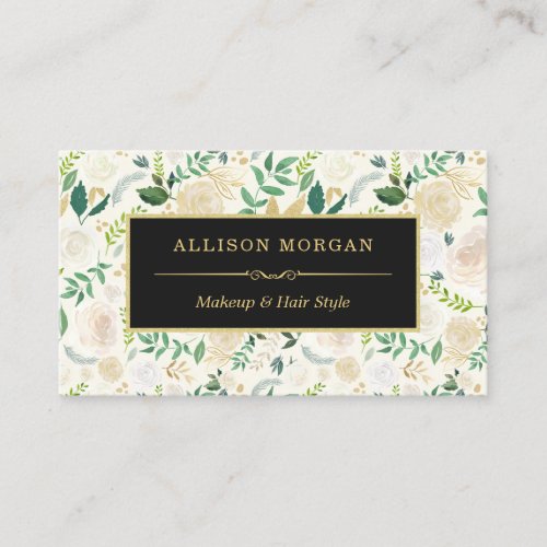 Glam Gold Watercolor Floral Elegant Beauty Salon Business Card