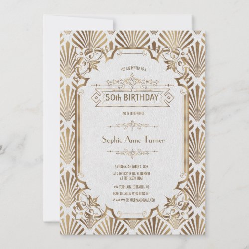 Glam Gold White Art Deco Gatsby 50th Birthday Invitation