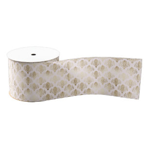 Glam Gold White Damask Grosgrain Ribbon
