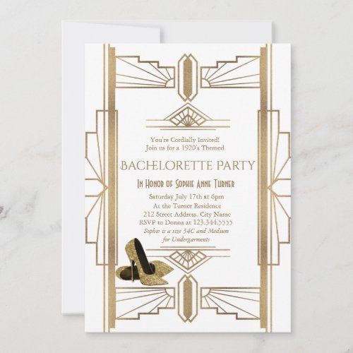 Glam Gold White Great Gatsby Bachelorette Party Invitation