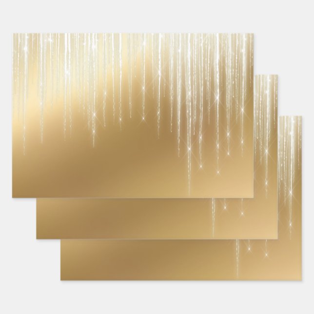 Glam Gold White Icicles Christmas Wrapping Paper Sheets (Set)