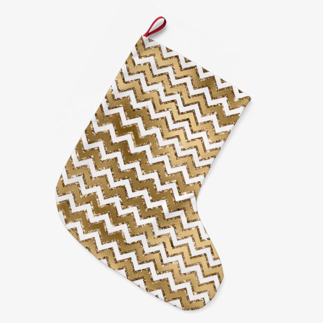 Glam Gold White Zigzag Stripes Large Christmas Stocking (Front (Hanging))