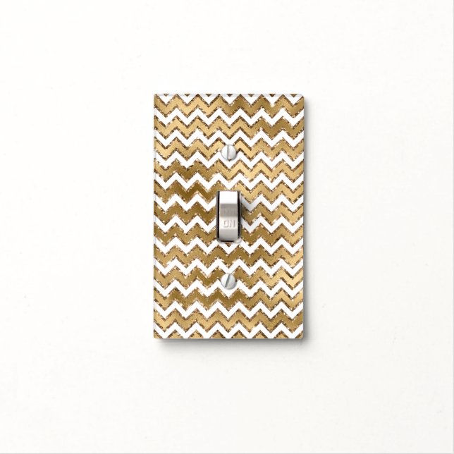 Glam Gold White Zigzag Stripes Light Switch Cover (In Situ)
