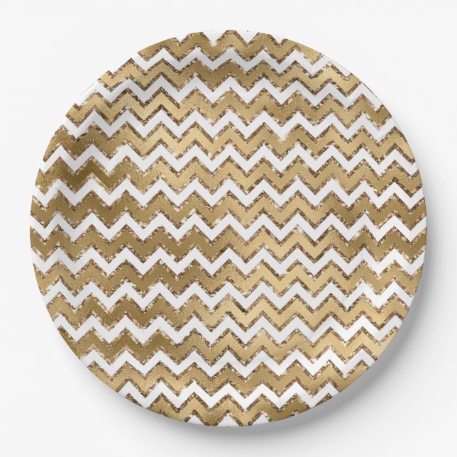 Glam Gold White Zigzag Stripes Paper Plates (Front)