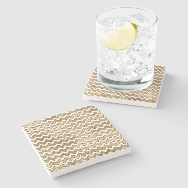 Glam Gold White Zigzag Stripes Stone Coaster (Side)