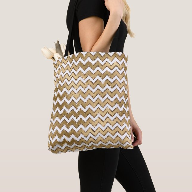 Glam Gold White Zigzag Stripes Tote Bag (Close Up)