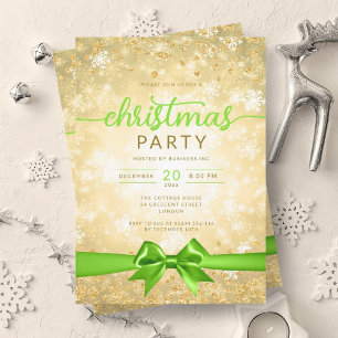 Glam Gold Winter Snowflake Company Green Ribbon Invitation