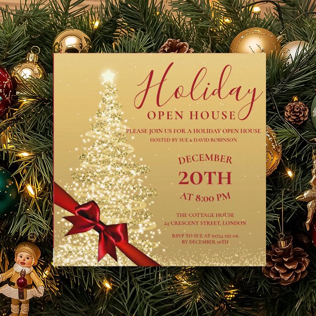 Glam Gold Xmas Tree Christmas Holiday Open House   Invitation (Gold Xmas Tree Christmas Holiday Open House Invit Invitation)