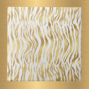 Glam Gold Zebra Print White Ceramic Tile