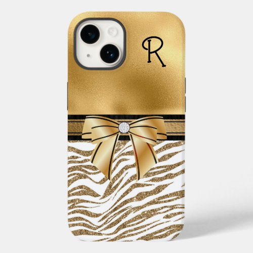 Glam Gold Zebra Stripe Monogrammed Case_Mate iPhone 14 Case