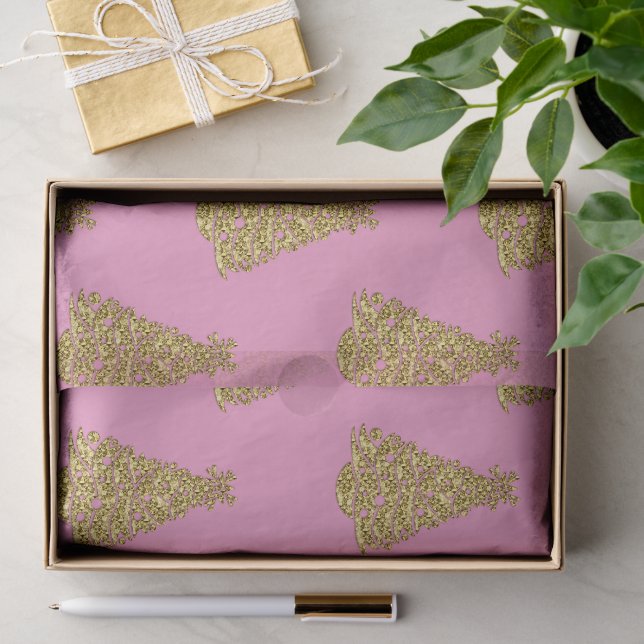 Glam Golden Christmas Trees on Pink Christmas Tissue Paper (Gift)