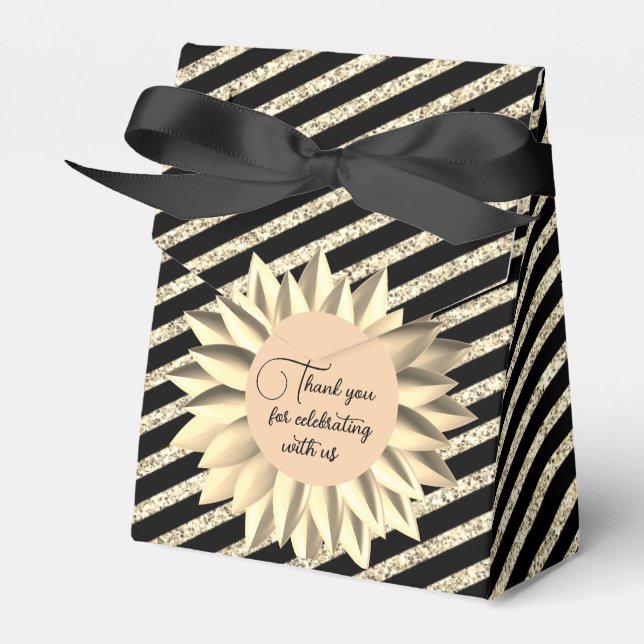 Glam Golden Flower Glittery Stripes Personalized  Favor Boxes (Front Side)
