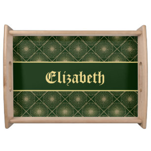 Glam Golden Personalized Art Deco Green & Gold Serving Tray