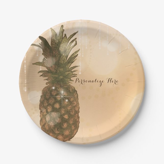 Glam Golden Pineapple Elegant Tropical Party Paper Plates (Front)