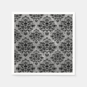 Glam Goth Mini Skull Damask Pattern Black Gray Paper Napkins