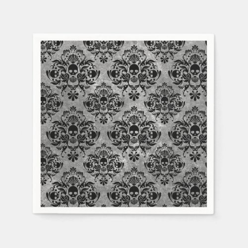 Glam Goth Mini Skull Damask Pattern Black Gray Paper Napkins