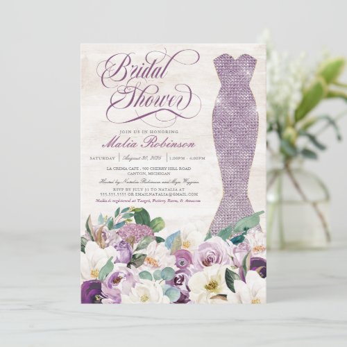 Glam Gown Rustic Floral Lavender Bridal Shower Invitation