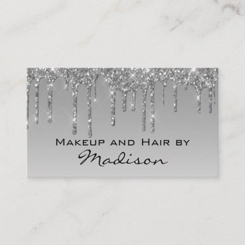 Glam Gray Silver Glitter Drips Makeup Artist Business Card