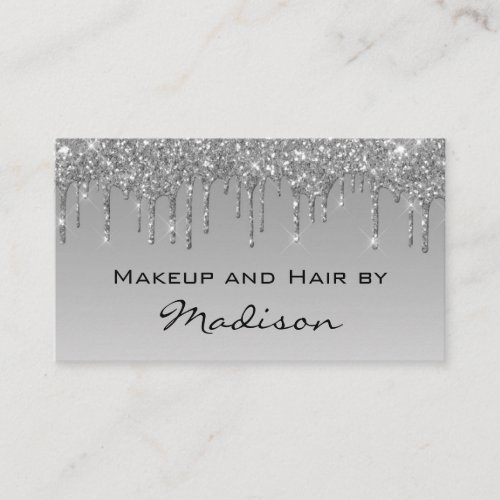 Glam Gray Silver Glitter Drips Makeup Artist Business Card