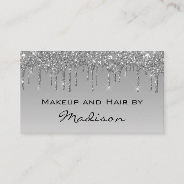 Glam Gray Silver Glitter Drips Makeup Artist Business Card (Front)