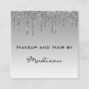 Glam Gray Silver Glitter Drips Makeup Artist Square Business Card