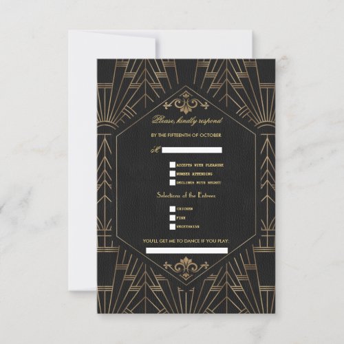 Glam Great Gatsby Gold Black Song Request Wedding RSVP Card