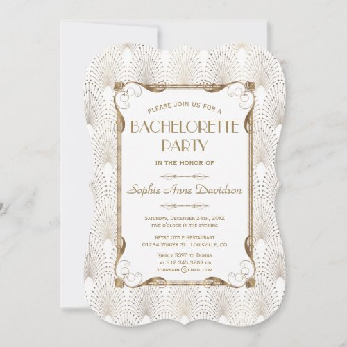Glam Great Gatsby Gold White Bachelorette Party Invitation
