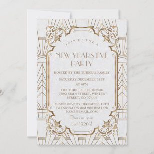 Glam Great Gatsby White 20s New Years Eve Party Invitation
