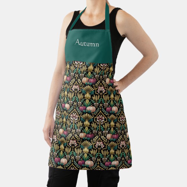 Glam Green Autumn Harvest Art Deco Personalized Apron (Insitu)