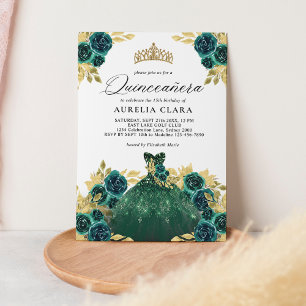 Glam Green Dress Floral 15th Quinceañera Invitation