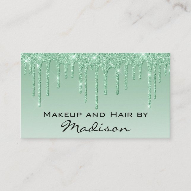 Glam Green Dripping Glitter Drips Makeup Artist Business Card (Front)