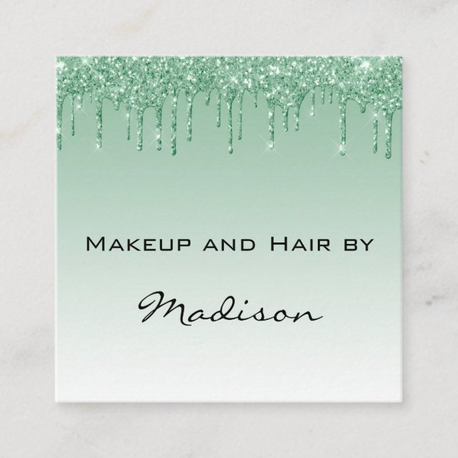Glam Green Dripping Glitter Drips Makeup Artist Square Business Card (Front)