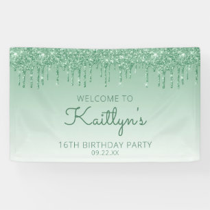 Glam Green Glitter Drip 16th Birthday Party Banner