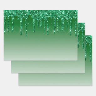 Glam Green Glitter Drips Christmas Wrapping Paper Sheets