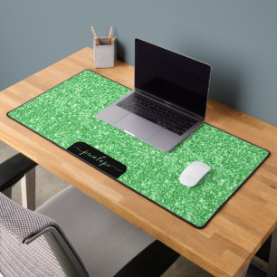 Glam Green glitter texture and sparkles, monogram Desk Mat
