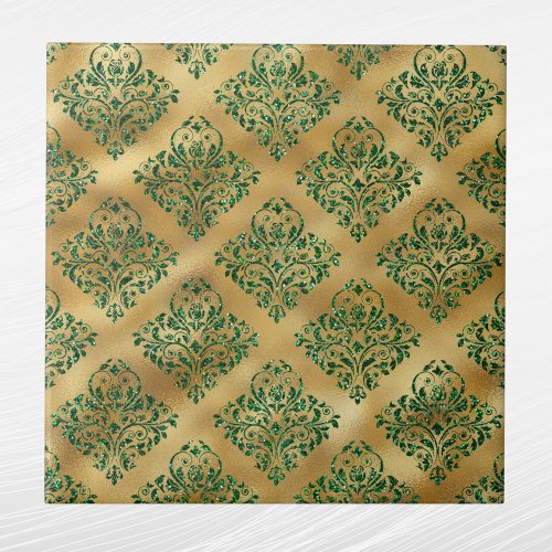 Glam Green Gold Damask Pattern Ceramic Tile