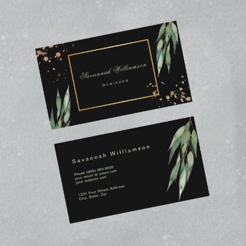 Glam Green Gold Eucalyptus Black Customizable  Business Card