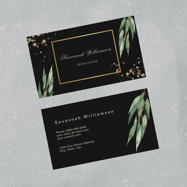Glam Green Gold Eucalyptus Black Customizable  Business Card (Creator Uploaded)