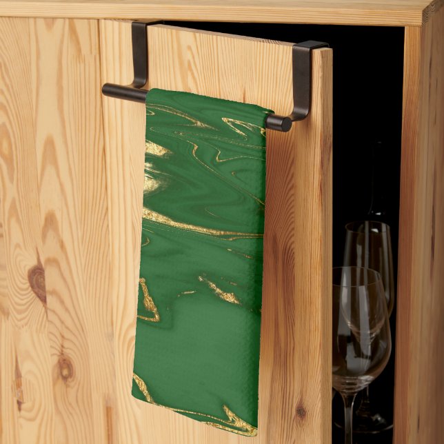 Glam Green Gold Faux Marble Kitchen Towel (Thirds Fold)
