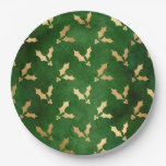 Glam Green Gold Holly Christmas Paper Plates