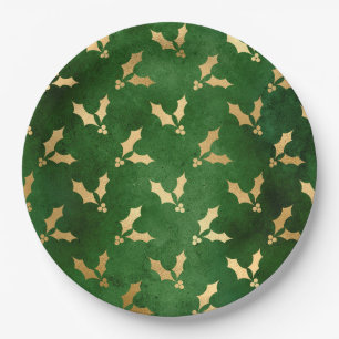 Glam Green Gold Holly Christmas Paper Plates