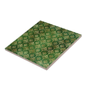 Glam Green Gold Pattern Christmas Ceramic Tile