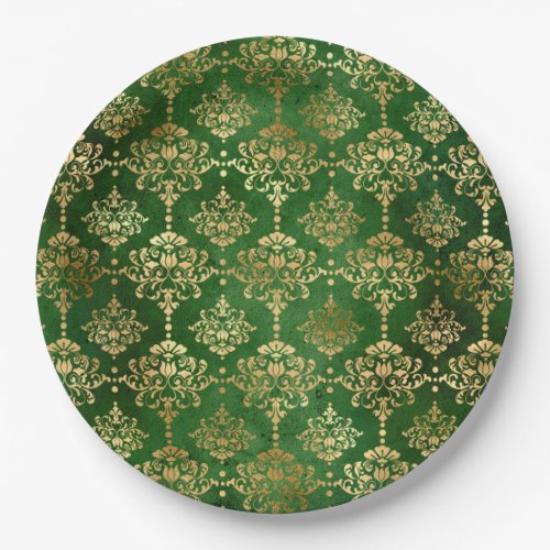 Glam Green Gold Pattern Christmas Paper Plates
